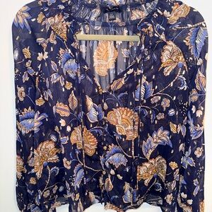 Tamara H Floral Sheer Chiffon Peasant Blouse Size M Boho Tie Neck Top